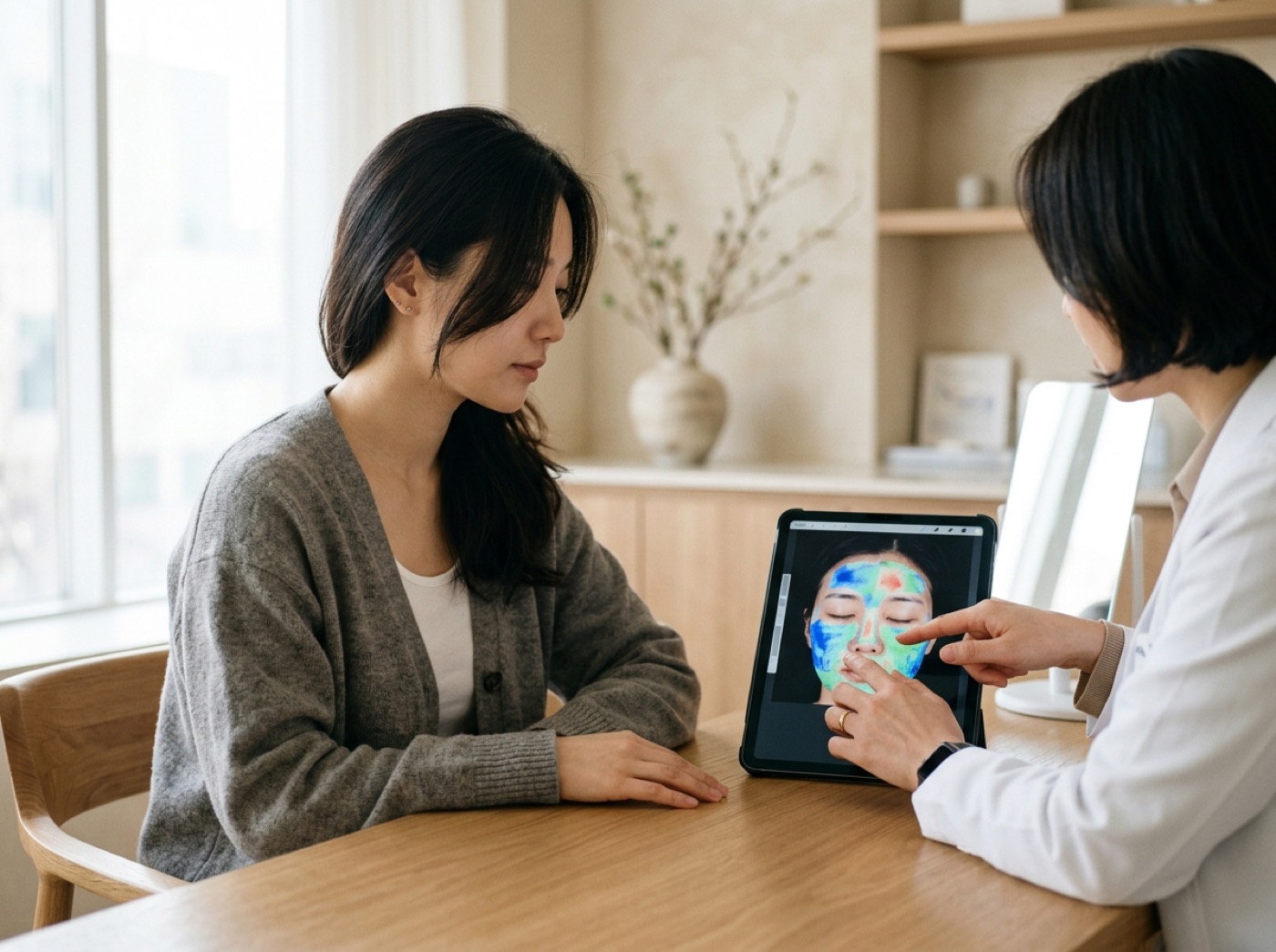 An illustrative consultation between a traveler and a skincare professional