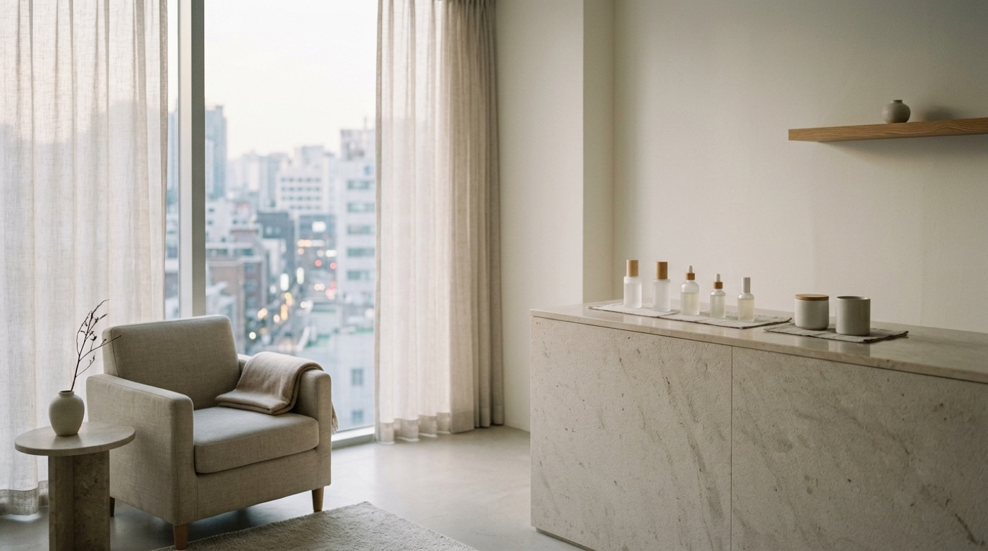 A calm, softly lit Seoul skincare lounge